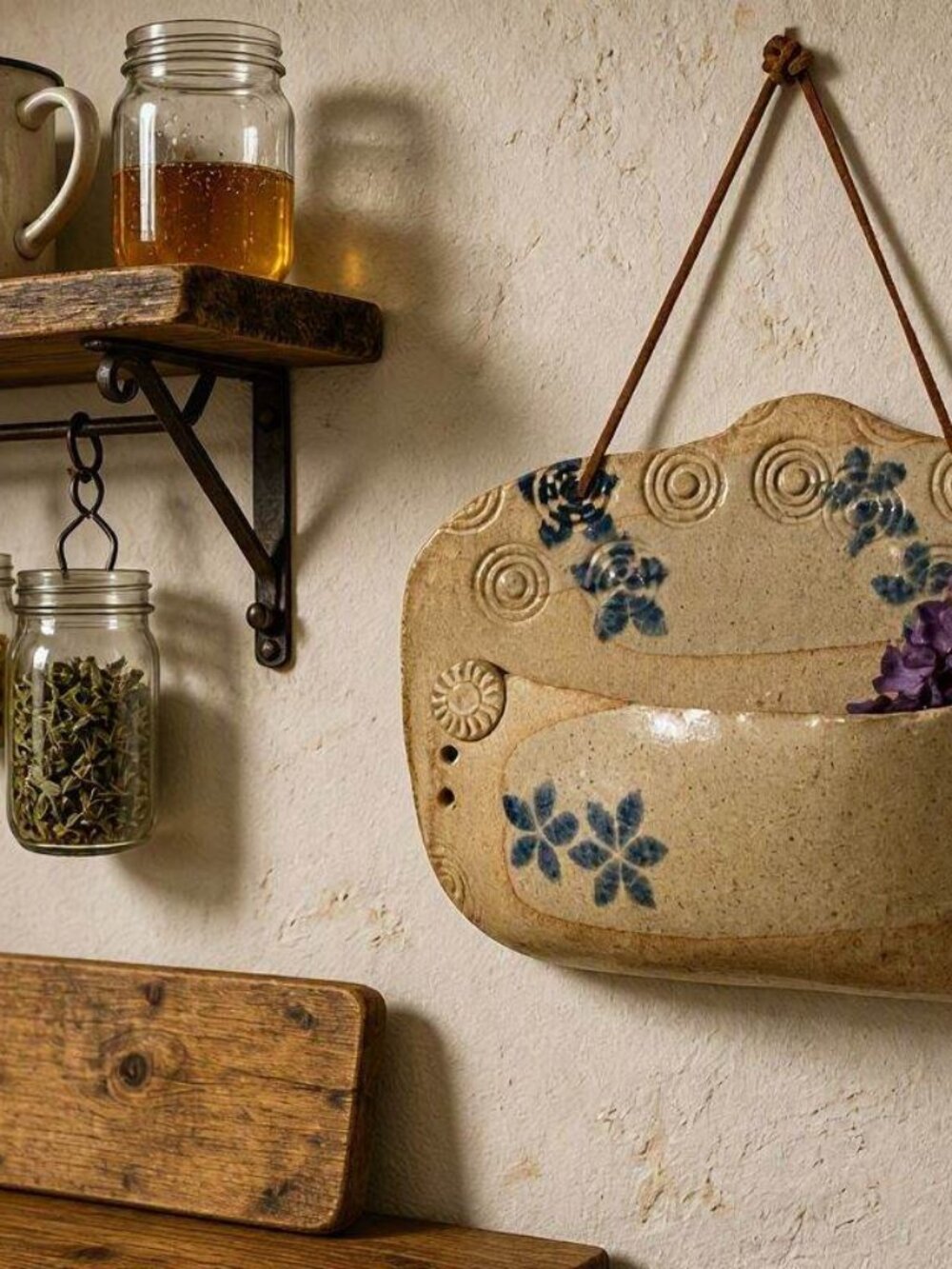 Farmstead, Vintage, Stoneware, Cobalt Blue Flowers, Wall Pocket, Country Kitchen
